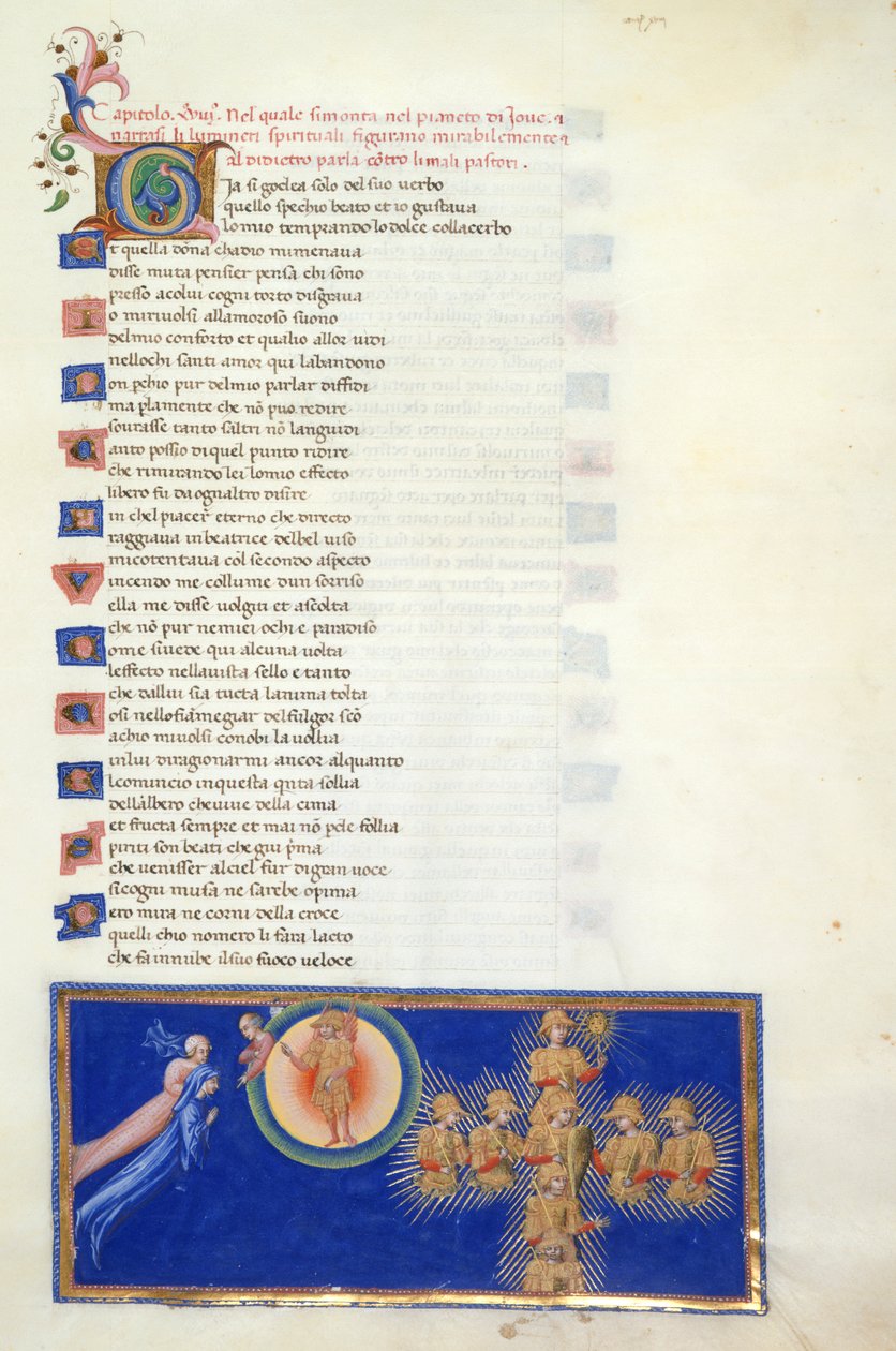 Paradiso, Canto XVIII. Miniatuur toont Dante en Beatrice zwevend voor de halve figuur van Cacciaguida, die zich aan de rand van de Hemel van Mars bevindt, met de gevleugelde figuur van Mars in het midden. Dante wordt de acht heilige krijgers getoond die ve door Giovanni di Paolo