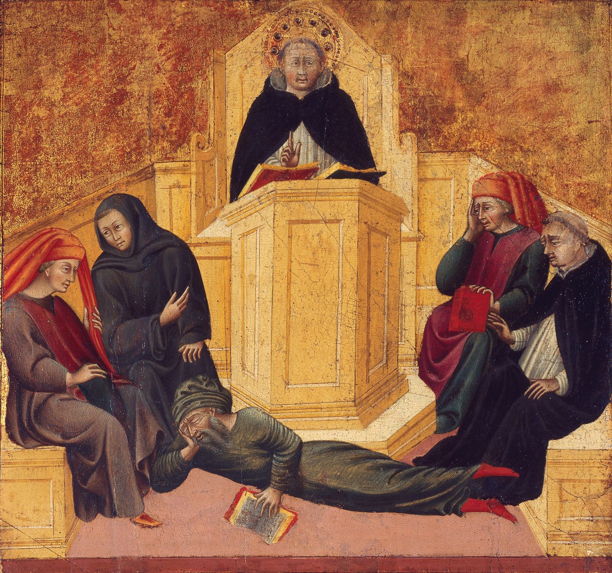 St. Thomas van Aquino brengt Averroës in verwarring door Giovanni di Paolo