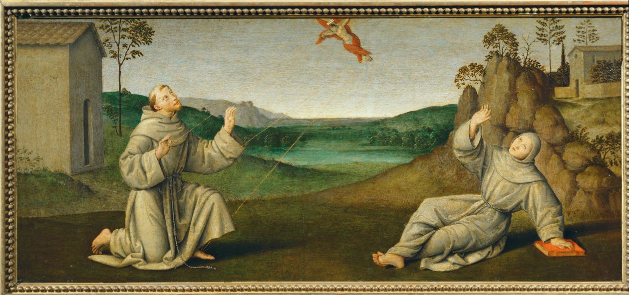 Franciscus van Assisi ontvangt de stigmata ... door Giovanni di Pietro (c.1450 1529) (studio of)