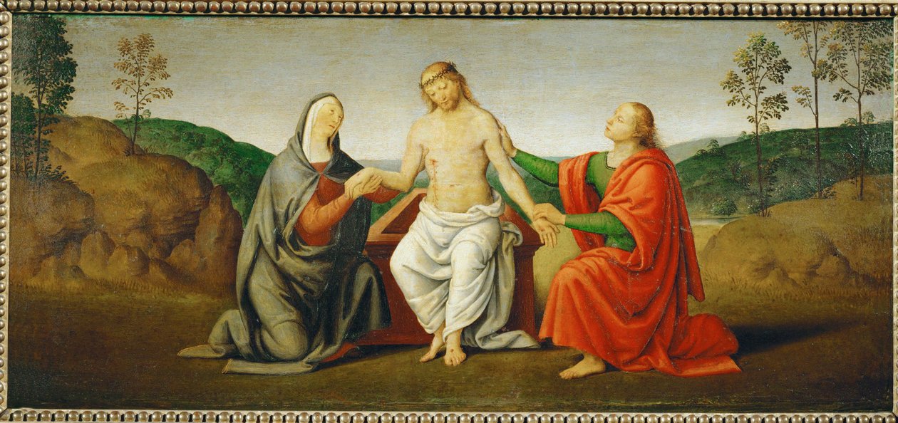 De dode Christus ondersteund door de Maagd Maria en de apostel Johannes ... door Giovanni di Pietro (c.1450 1529) (studio of)