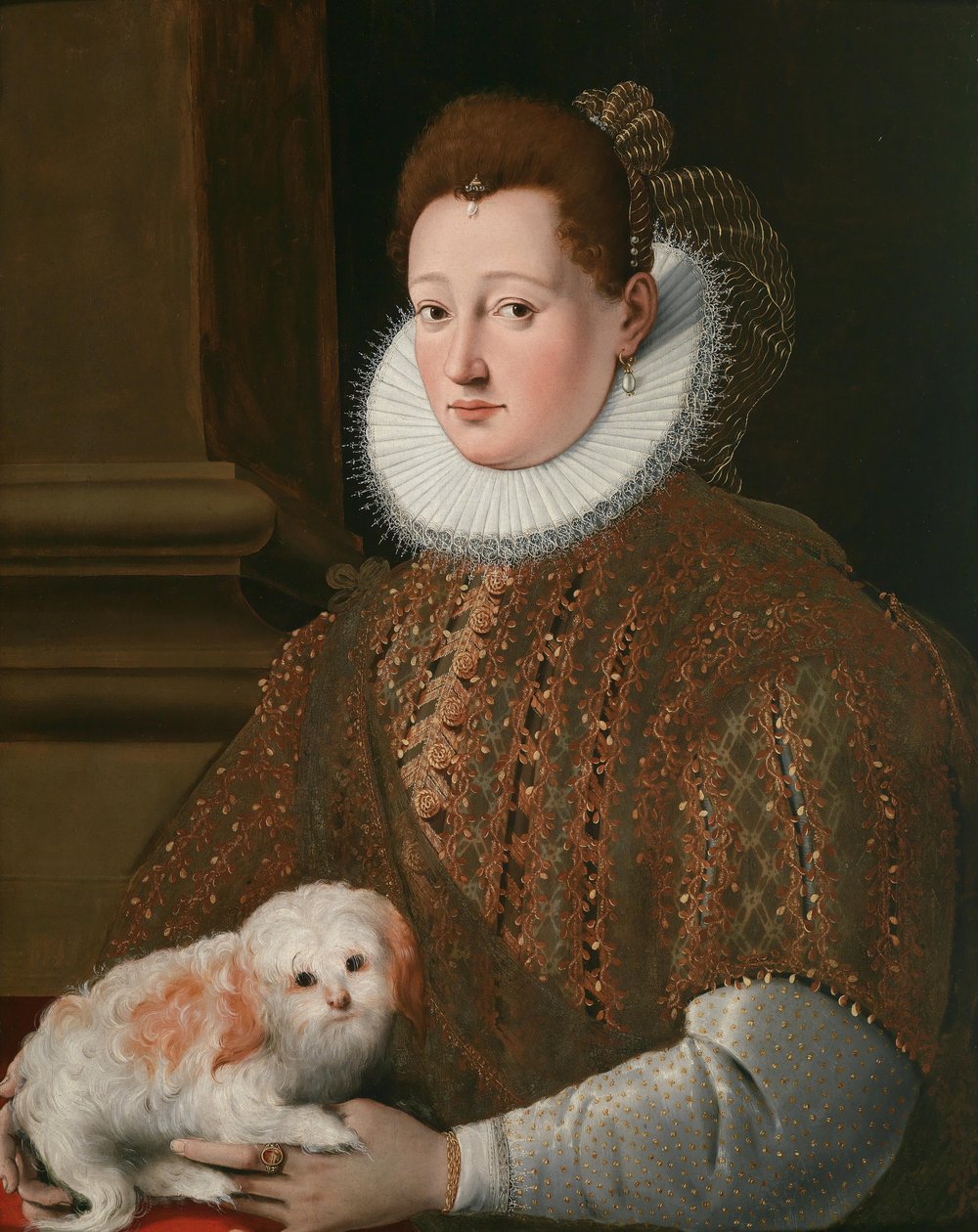 Portret van een dame met schoothondje door Girolamo Macchietti