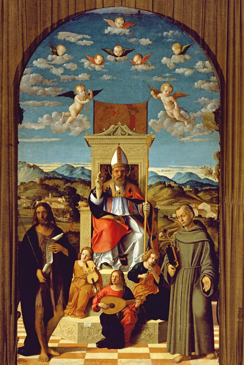 St. Thomas a Becket (1118-70) op de troon met SS. Franciscus en Johannes de Doper, 1520 door Girolamo Da Santa Croce