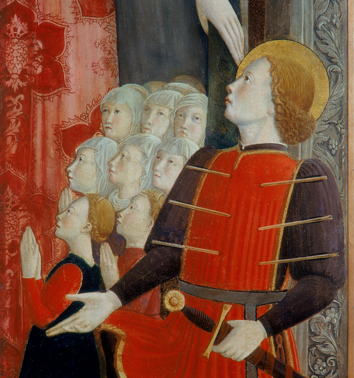 Detail van St. Sebastiaan, Madonna della Misericordia met St. Venantius en St. Sebastiaan, 1463 door Girolamo Giovanni
