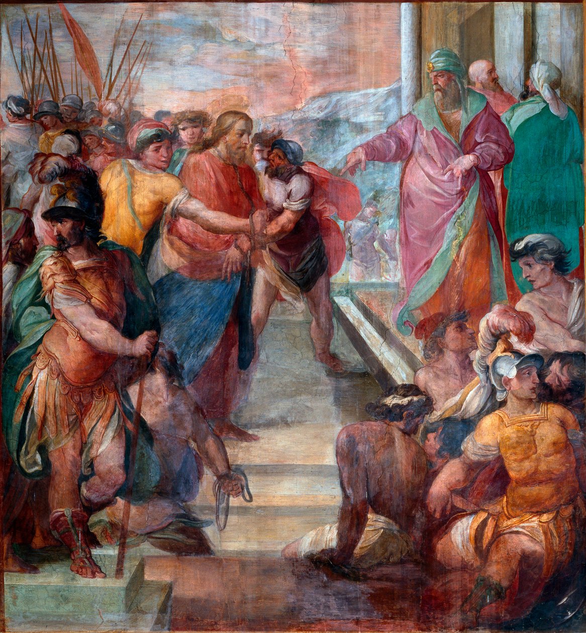 Christus wordt voor Caïphas geleid (detail) van een van de fresco