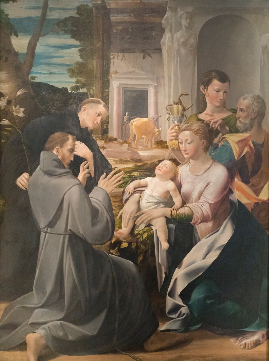 Heilige familie met St. Antonius van Padua, St. Franciscus van Assisi en St. Johannes de Evangelist door Girolamo Mazzola Bedoli