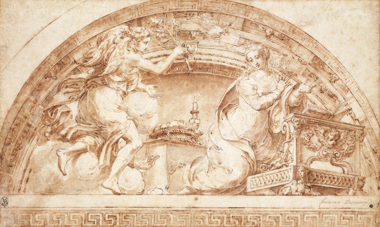 De annunciatie: een ontwerp voor een lunet door Girolamo Mazzola Bedoli