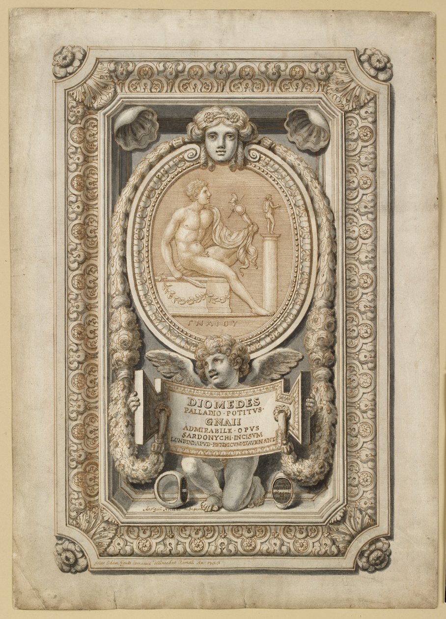 Ontwerp voor een gegraveerde edelsteen in een sierlijke setting door Girolamo Odam