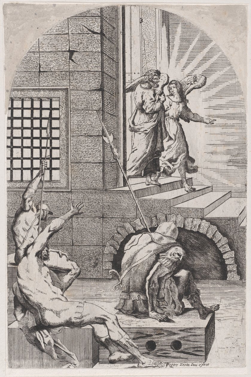 Sint Petrus wordt door de engel uit de gevangenis bevrijd door Girolamo Pedrignani