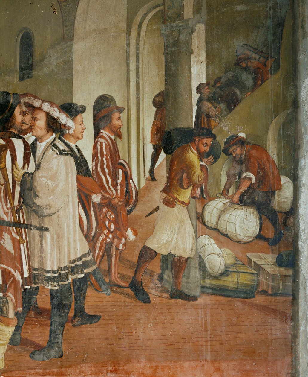 "Bezoek van koning Christian van Denemarken aan Malpaga in 1474 (fresco) door Girolamo Romanino
