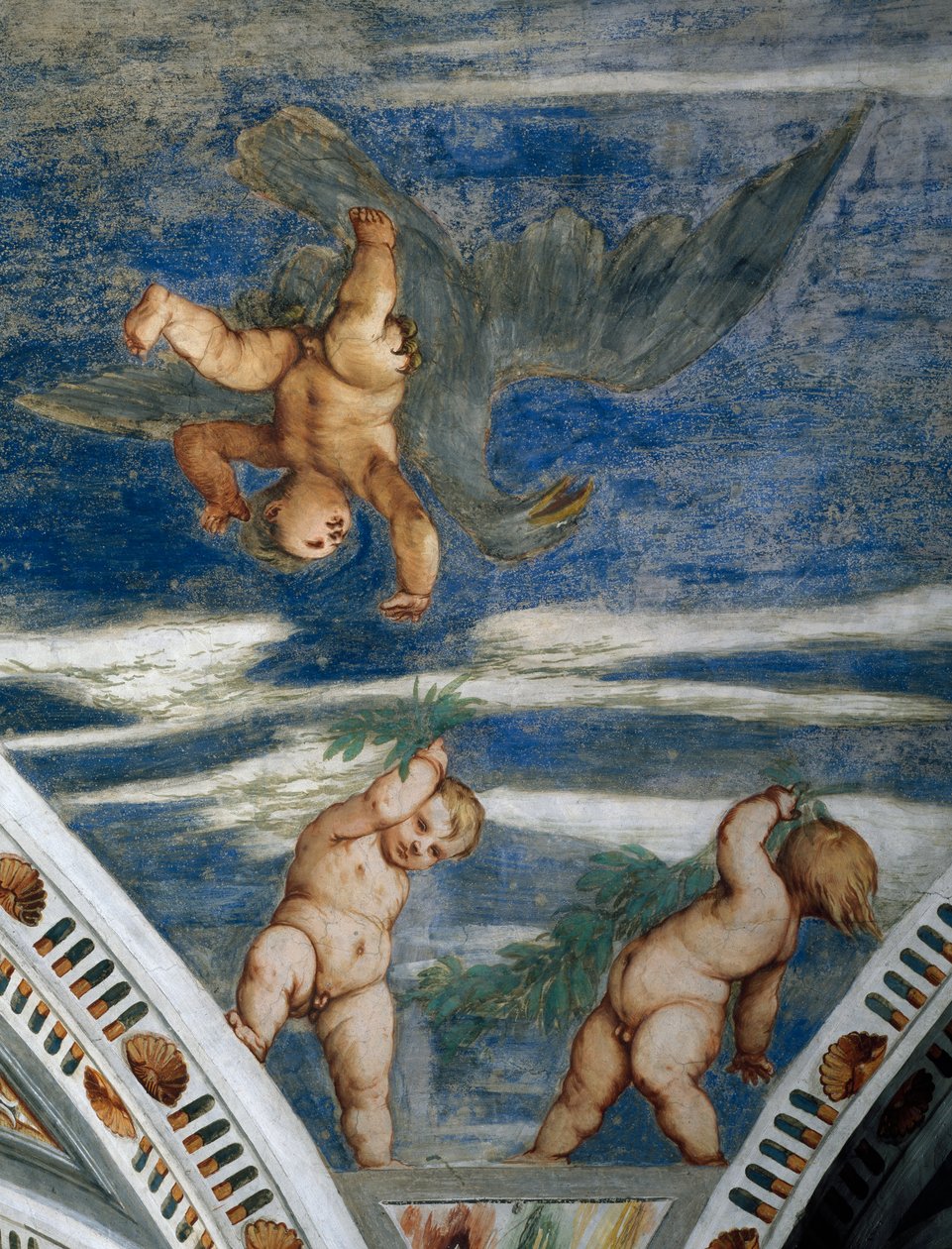 Verkrachting van Ganymedes en putti, mozaïeknissen en beelden (detail) door Girolamo Romanino