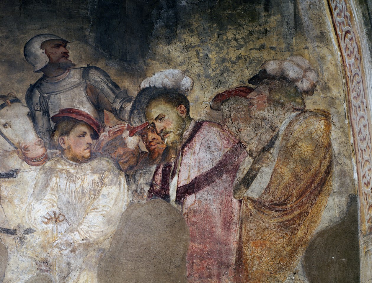 Soldaat in harnas en mannen met hoeden, detail van een fresco door Girolamo Romanino, de linkerwand van het priesterkoor van de kerk van Sint Antonius Abt, Breno, Italië door Girolamo Romanino