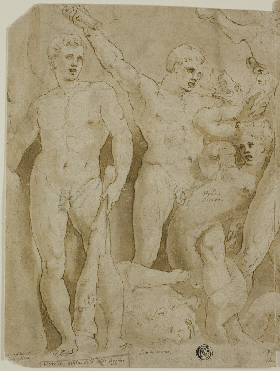 Oud sarcofaag reliëf met de werken van Hercules door Girolamo da Carpi