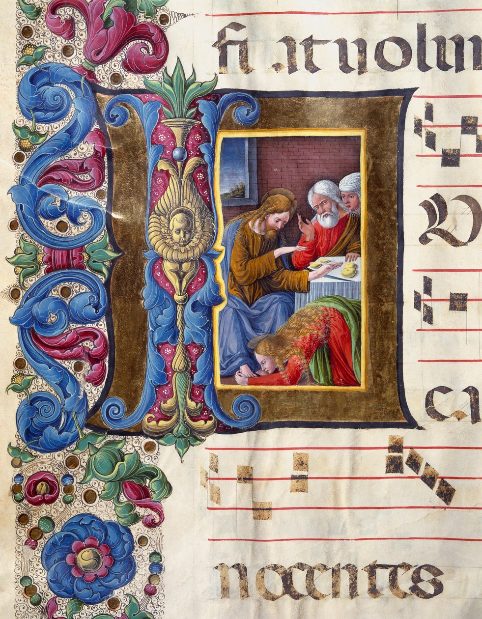 Versierde initiaal met afbeelding van Maria Magdalena aan de voeten van Jezus door Girolamo da Cremona