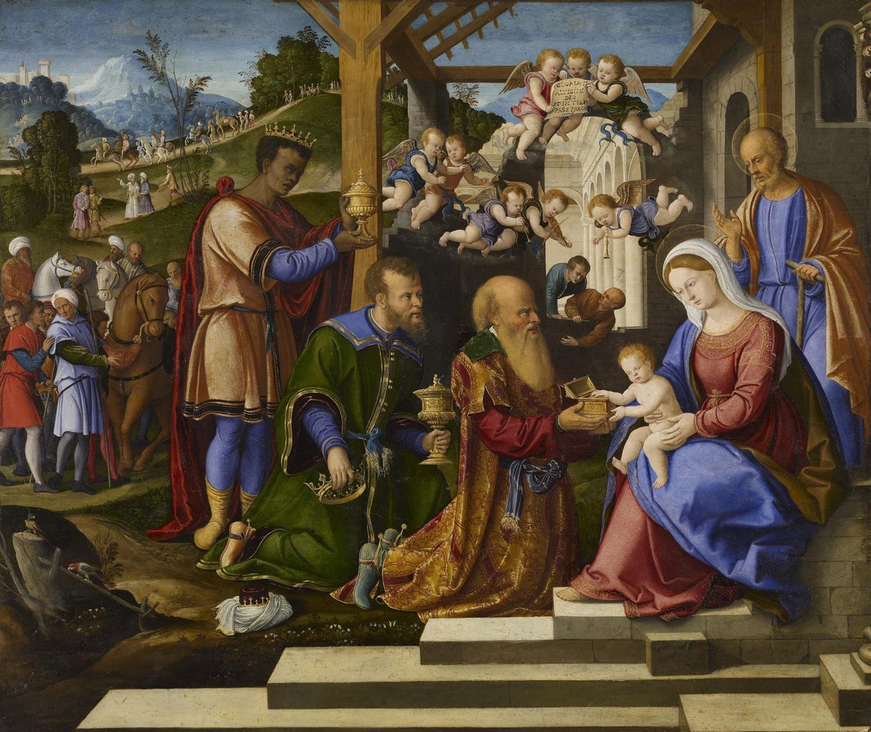 De aanbidding van de drie koningen, c.1525-1530 door Girolamo da Santacroce