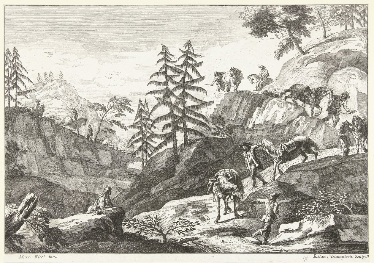 Berglandschap met ruiters die paarden bergaf leiden op pad door Giuliano Giampiccoli
