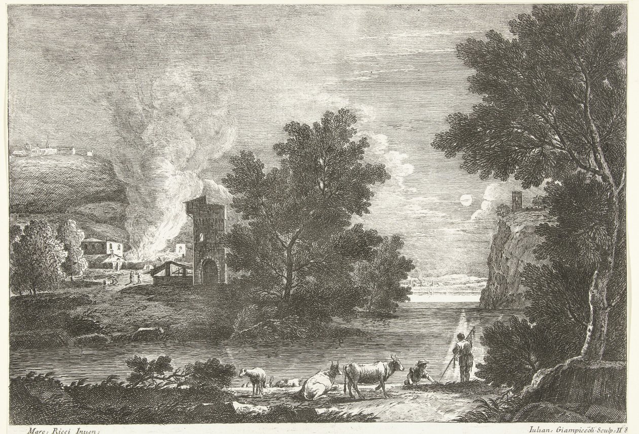 Landschap bij maanlicht met brand door Giuliano Giampiccoli