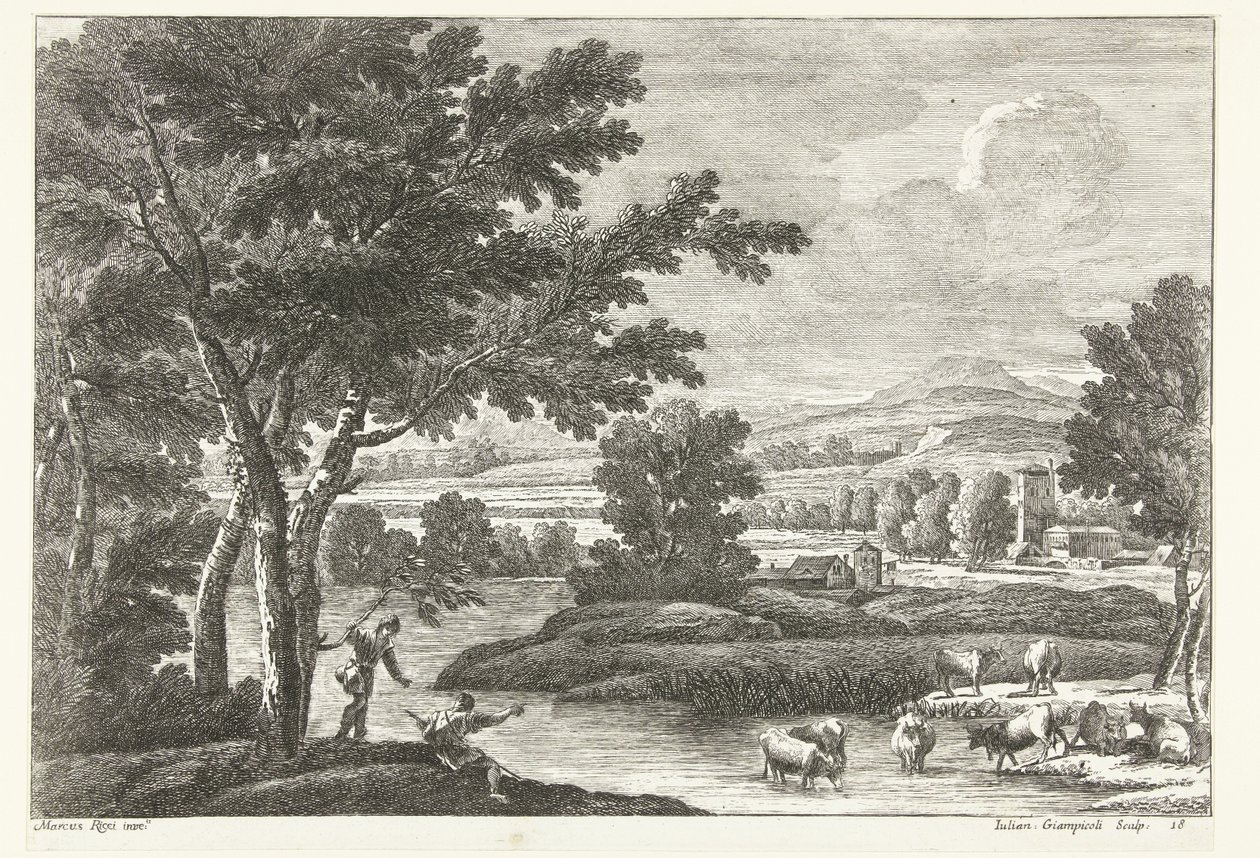 Landschap met herders en vee bij water door Giuliano Giampiccoli