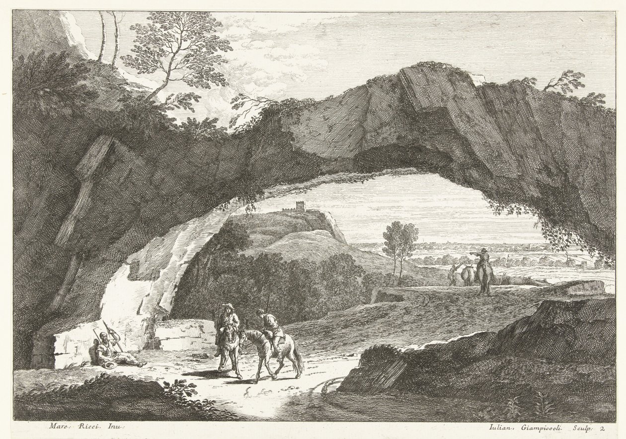 Landschap met stenen brug en enkele figuren door Giuliano Giampiccoli