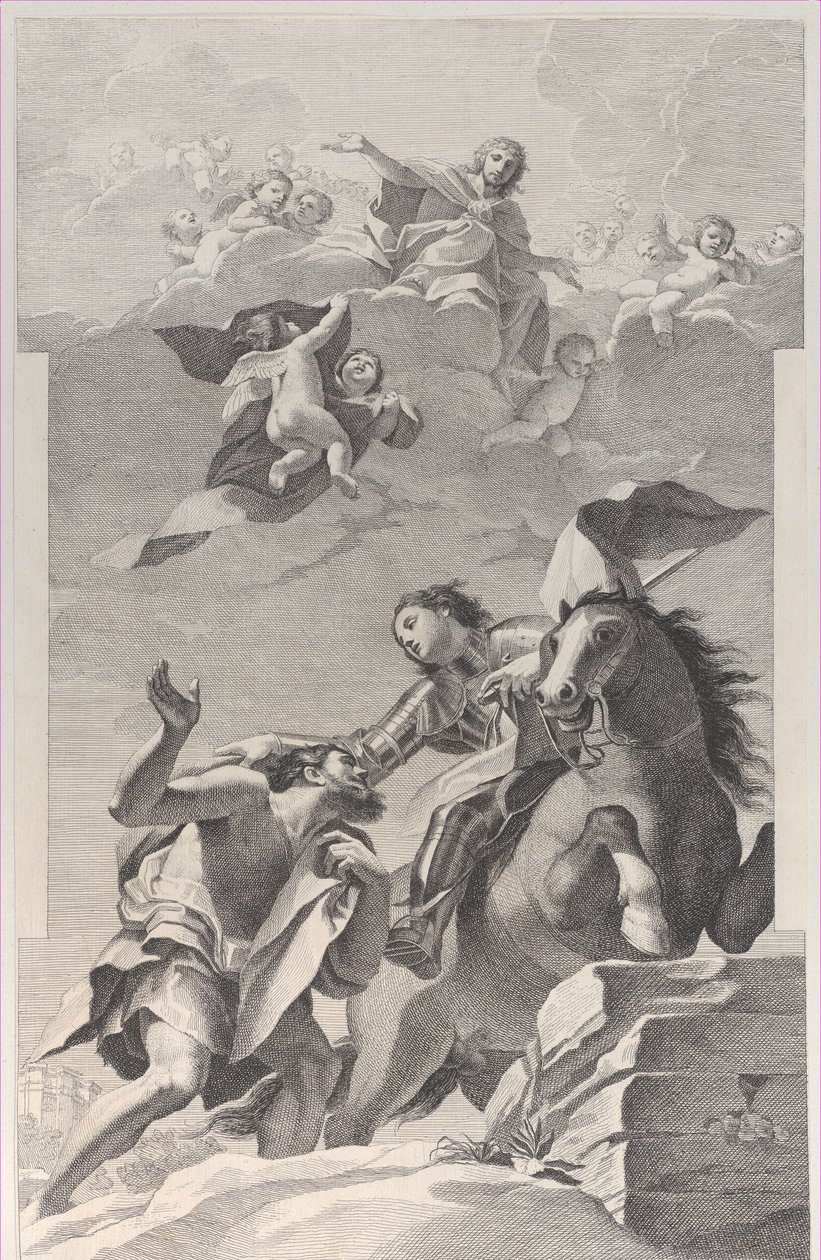 Sint Martinus, te paard, geeft zijn mantel aan een bedelaar door Giuliano Traballesi