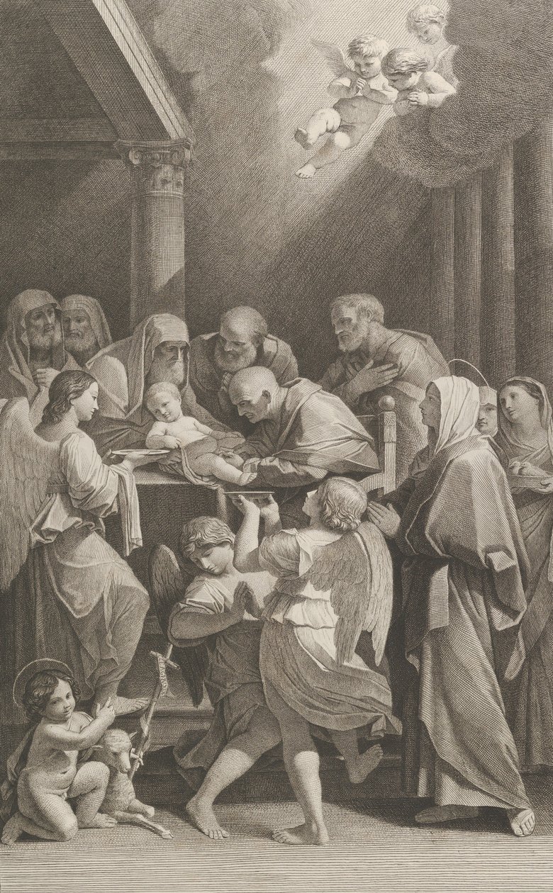 De besnijdenis van Christus, een groep mannen, vrouwen en engelen om hem heen door Giuliano Traballesi