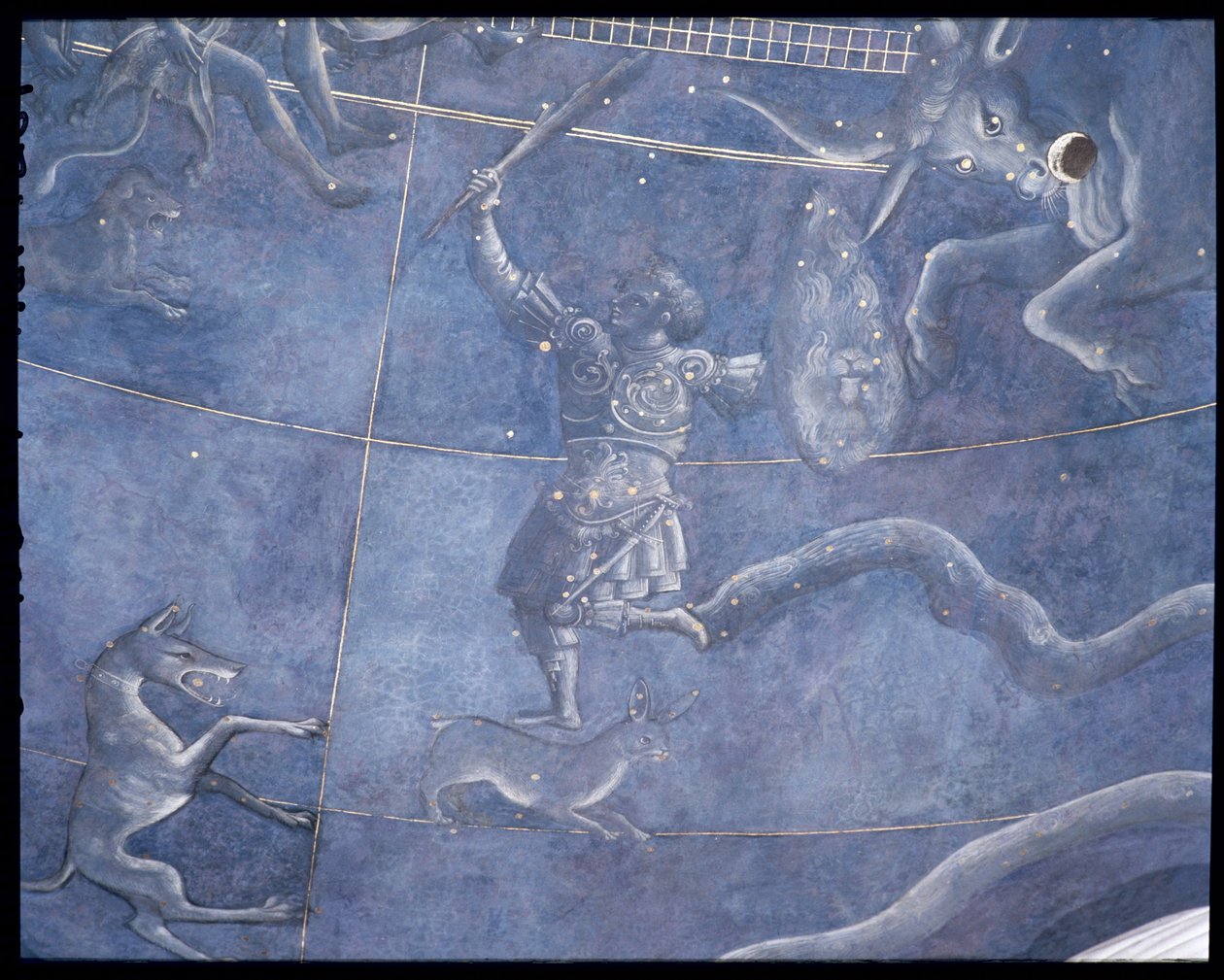 Het Pad van de Zon door de sterren op de nacht van 4 juli 1442, detail van Orion en Stier, van de zoldering boven het altaar, ca.1430 (detail) door Giuliano dArrighi Pesello