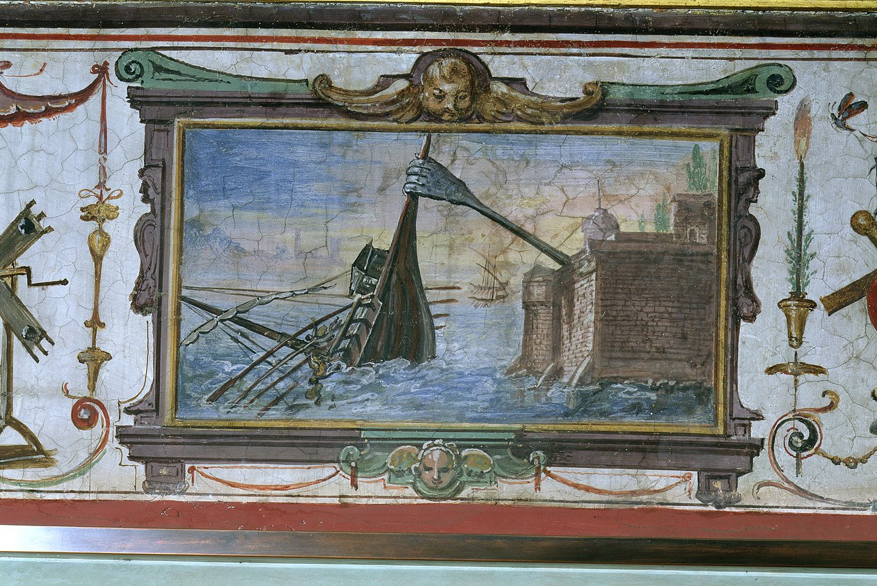 Een apparaat waarmee Archimedes (c.287-12 v.Chr.) een schip aan land kon trekken, Stanza della Mattematica, 1587-1609 door Giulio Parigi