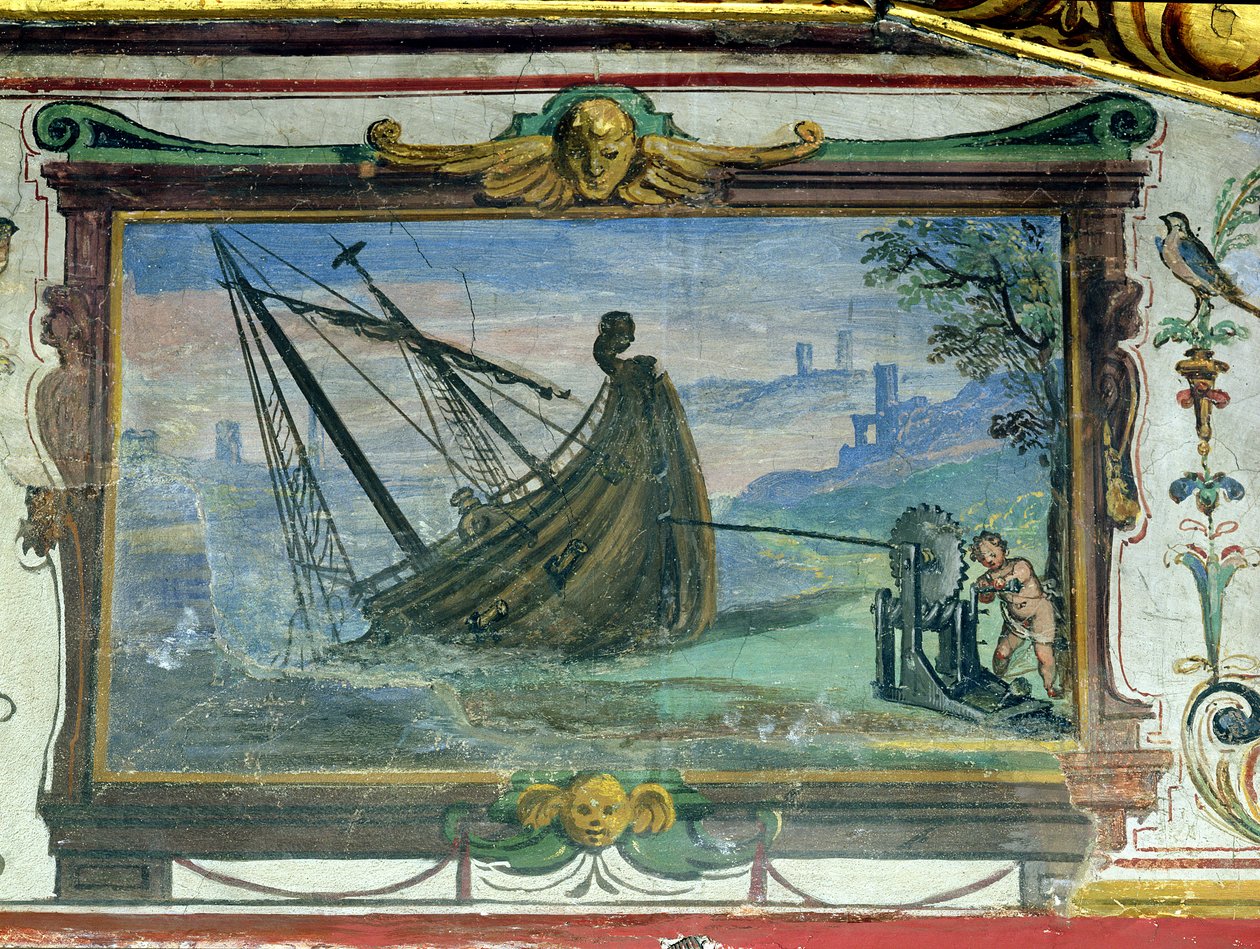 Een eindeloze schroef waarmee Archimedes (c.287-12 v.Chr.) een schip aan land kon trekken, Stanza della Mattematica, 1587-1609 door Giulio Parigi