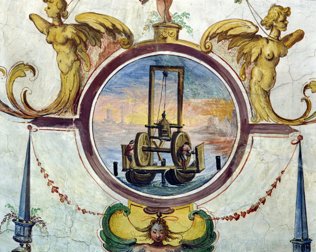 Grote ponton met een apparaat om palen in de zeebodem te duwen, Stanza della Mattematica, 1587-1609 door Giulio Parigi