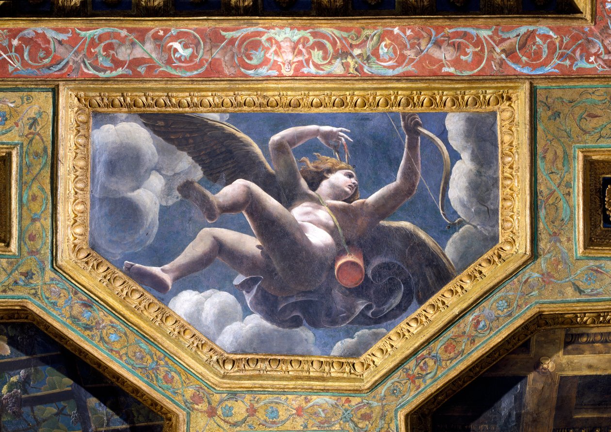 Cupido, plafondcassette uit de Sala di Amore e Psyche, 1528 door Giulio Romano