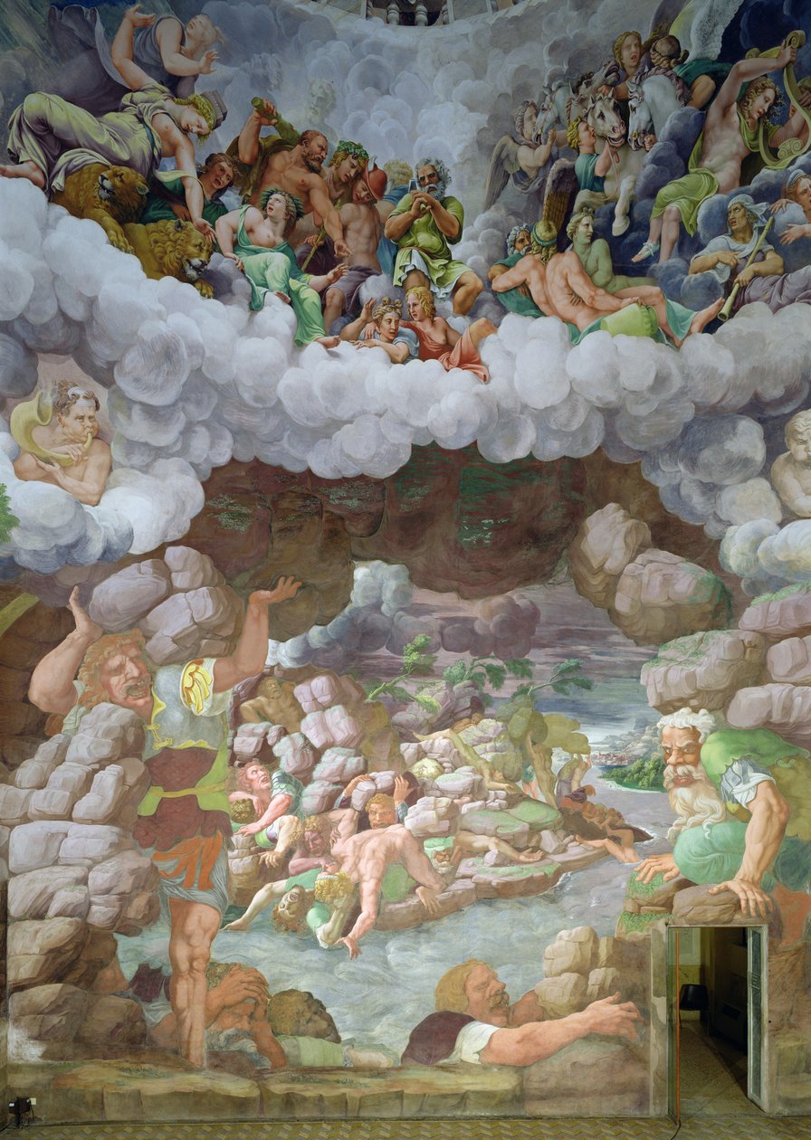 Detail van de vernietiging van de reuzen door de bliksemschichten van Jupiter, Sala dei Giganti, 1536 door Giulio Romano