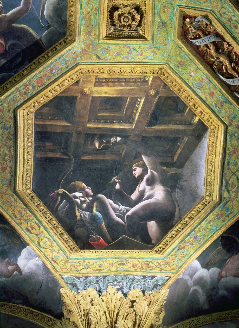 Psyche ziet Cupido terwijl hij slaapt, plafondcassette uit de Sala di Amore e Psiche, 1528 door Giulio Romano
