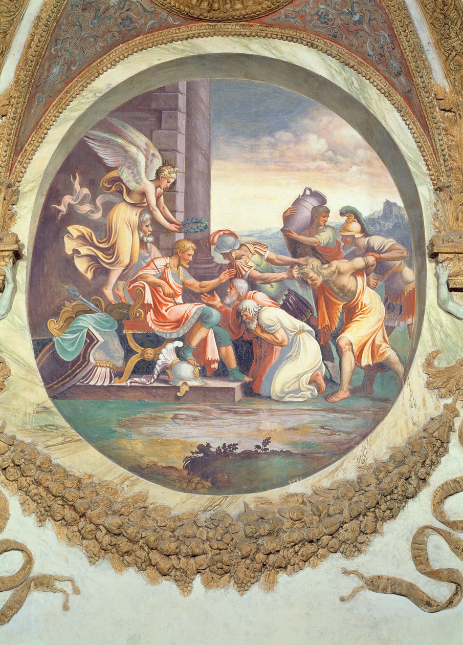 Scène die laat zien dat degenen die geboren zijn onder het teken Waterman in combinatie met het sterrenbeeld Aquila oorlogszuchtige deugden hebben, gesymboliseerd door een triomfscène, uit de Camera dei Venti door Giulio Romano