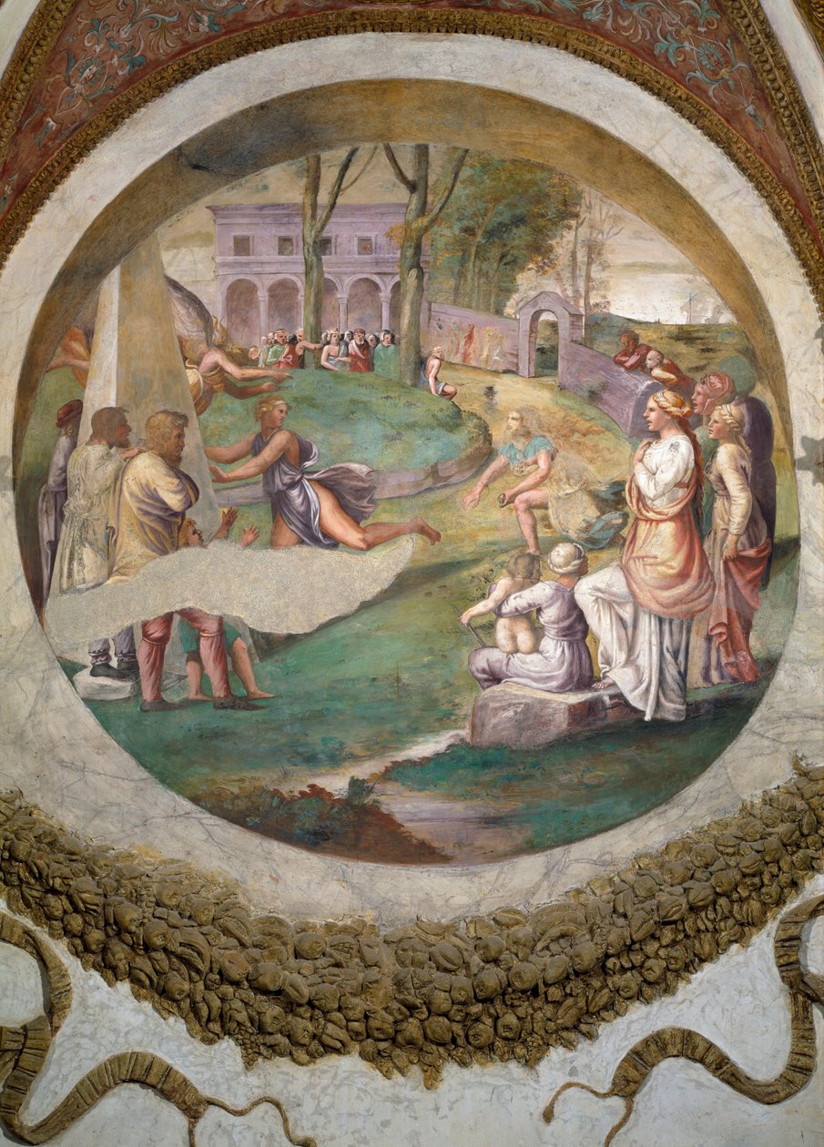 Scène die laat zien dat degenen die geboren zijn onder het teken Tweelingen in combinatie met het sterrenbeeld Haas een aanleg hebben om snel te rennen, gesymboliseerd door de race tussen Hippomenes en Atalanta door Giulio Romano