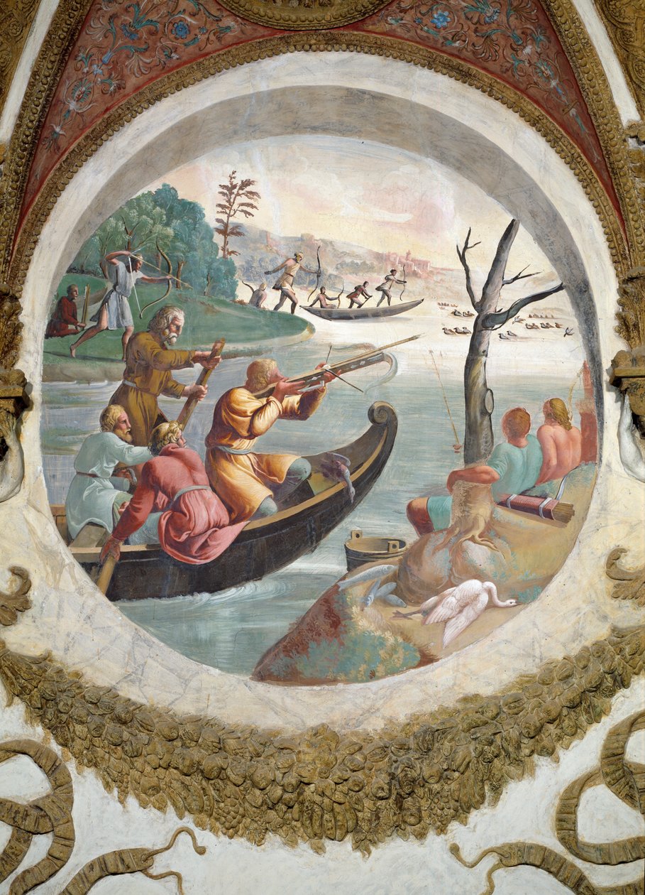 Scène die laat zien dat degenen die geboren zijn onder het teken Weegschaal in combinatie met het sterrenbeeld Sagitta of de Pijl bedreven zullen zijn in boogschieten, gesymboliseerd door een jacht met boogschutters die eenden schieten door Giulio Romano
