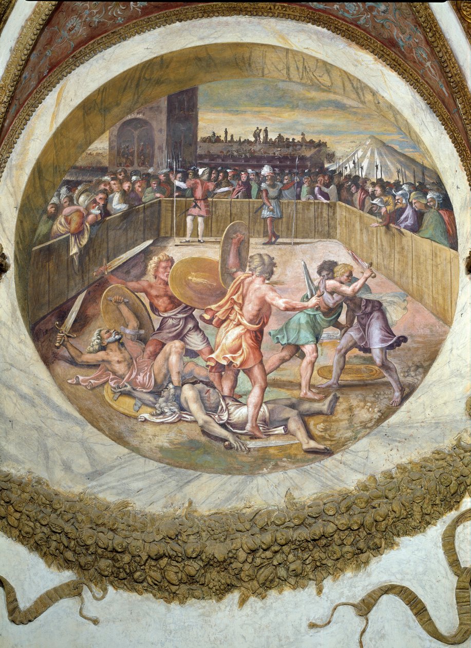 Scène die toont dat degenen die geboren zijn onder het teken van Stier in combinatie met het sterrenbeeld van de Pleiaden een aanleg hebben voor vechten, gesymboliseerd door een gladiatorengevecht door Giulio Romano