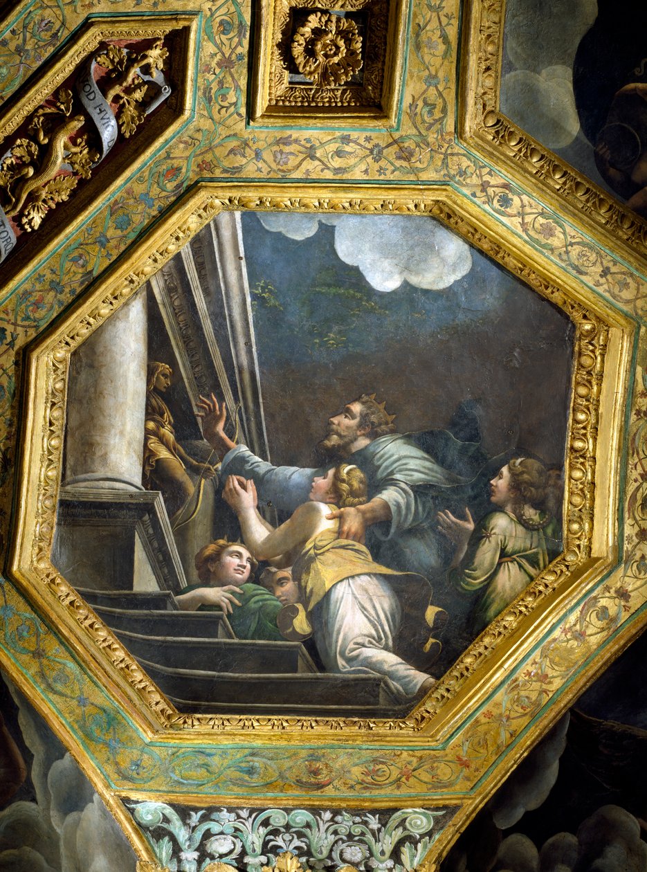 Smeekende figuren op de trappen van een groot paleis, plafond caisson uit de Sala di Amore e Psiche, 1528 door Giulio Romano