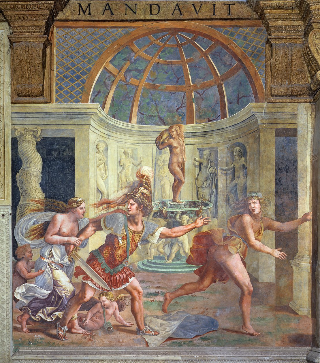 Venus, wiens geprikte voet de bloemblaadjes van een roos rood kleurt, met Mars die Adonis achtervolgt met een ongeslepen zwaard uit de Sala di Amore e Psiche, 1528 door Giulio Romano