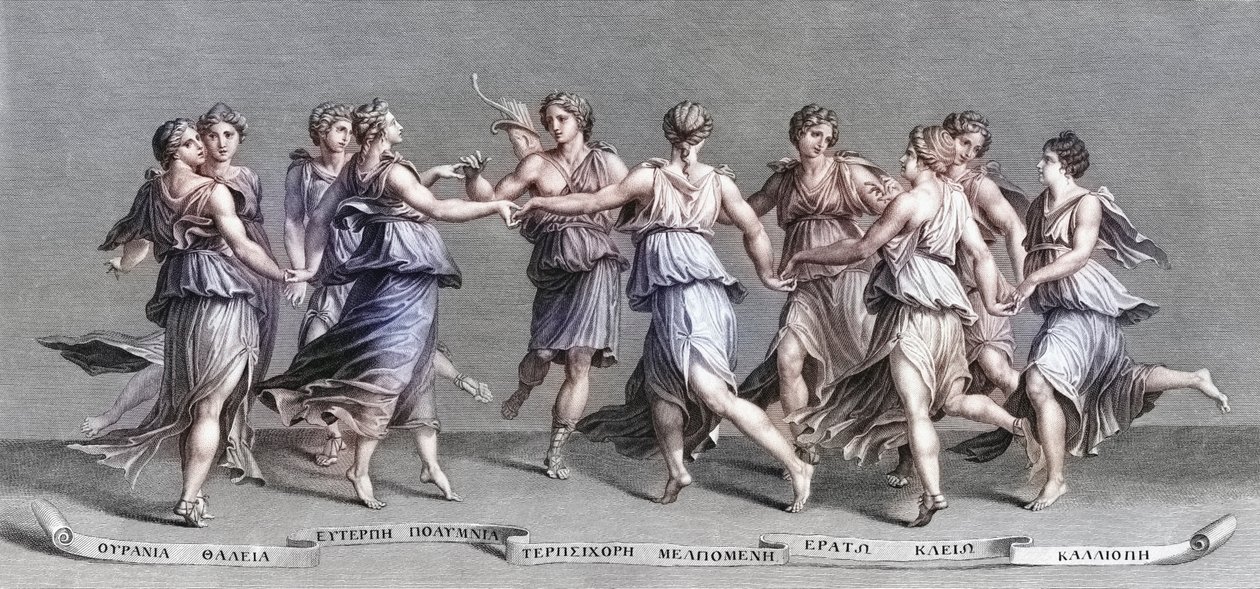 Apollo dansend met zijn negen Olympische Muzen door Giulio (after) Romano