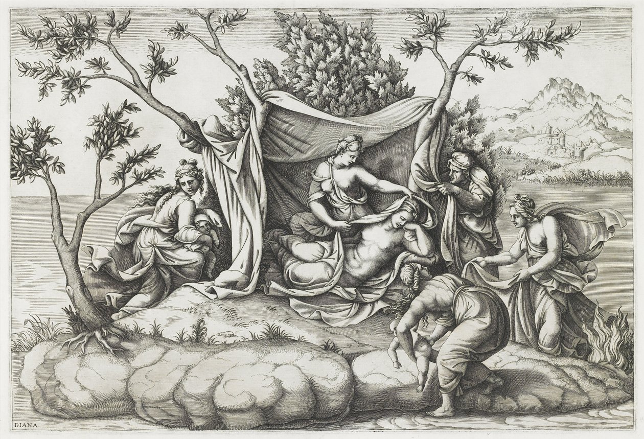 Latona die Apollo en Diana baart, gegraveerd door Diana Mantovana (b.1535), na 1575 (gravure) door Giulio (after) Romano