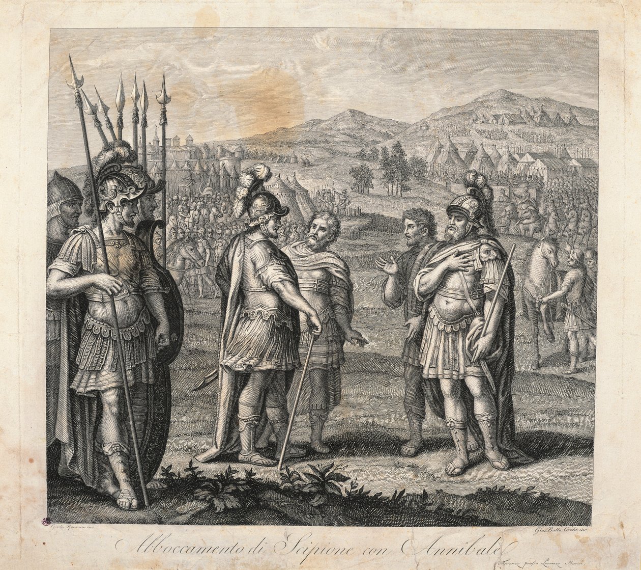 Ontmoeting tussen Hannibal en Scipio tijdens de Punische Oorlogen door Giulio (after) Romano