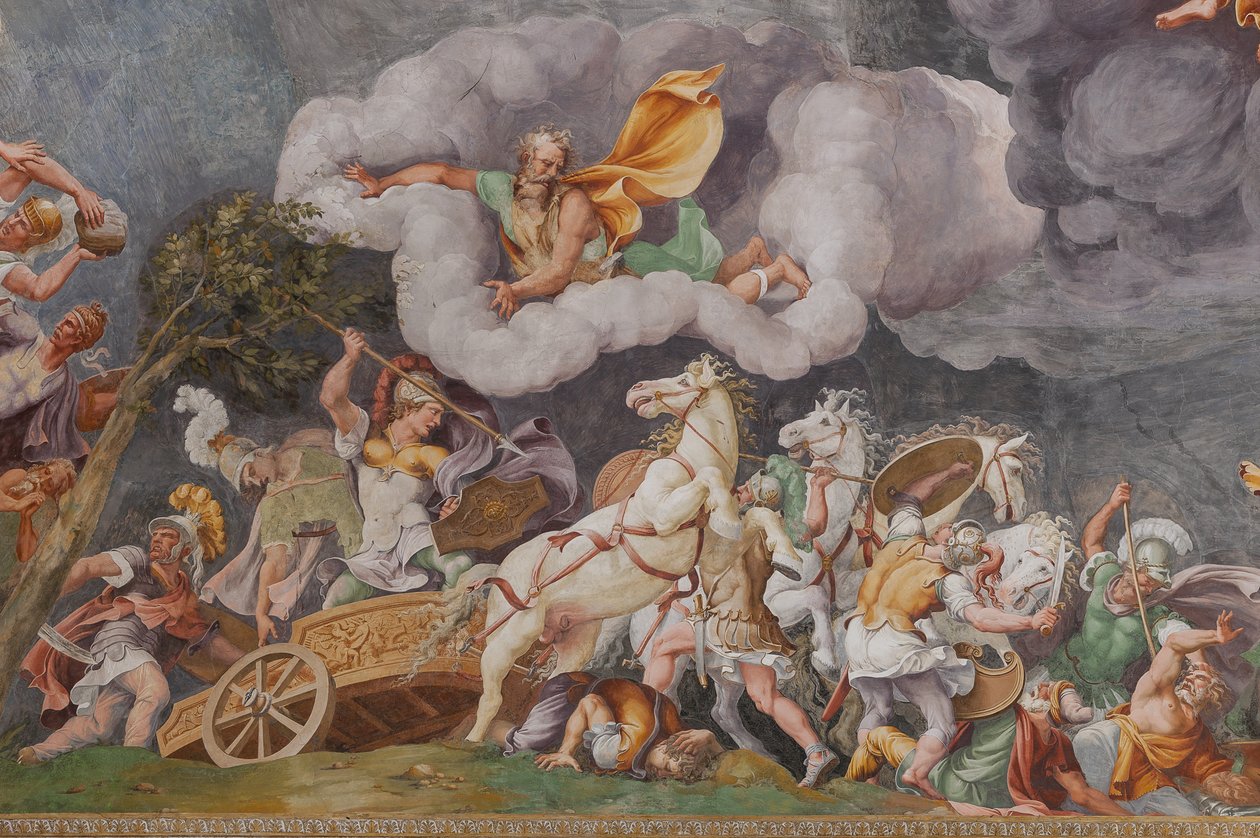 Een gevecht, detail, Het Paard van Troje, Kamer van Troje (Sala di Troia) door Giulio (and workshop) Romano