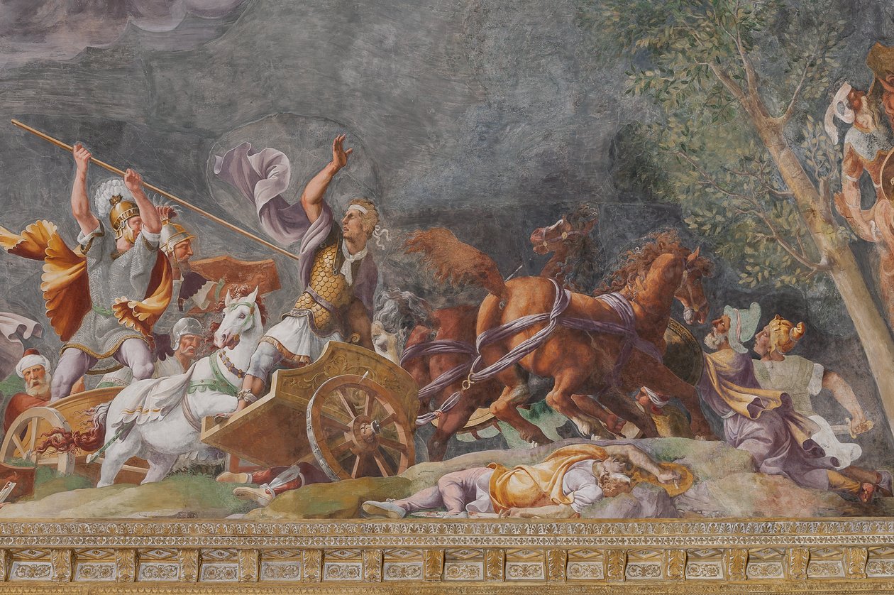Detail van een gevecht, Het Trojaanse Paard, Kamer van Troje (Sala di Troia) door Giulio (and workshop) Romano