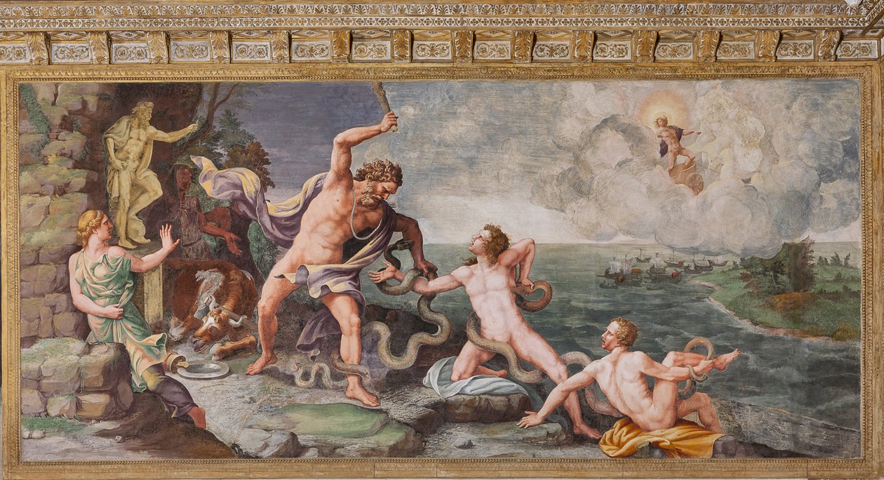 Laocoön en zijn zonen aangevallen door slangen, Het Paard van Troje, Kamer van Troje (Sala di Troia) door Giulio (and workshop) Romano