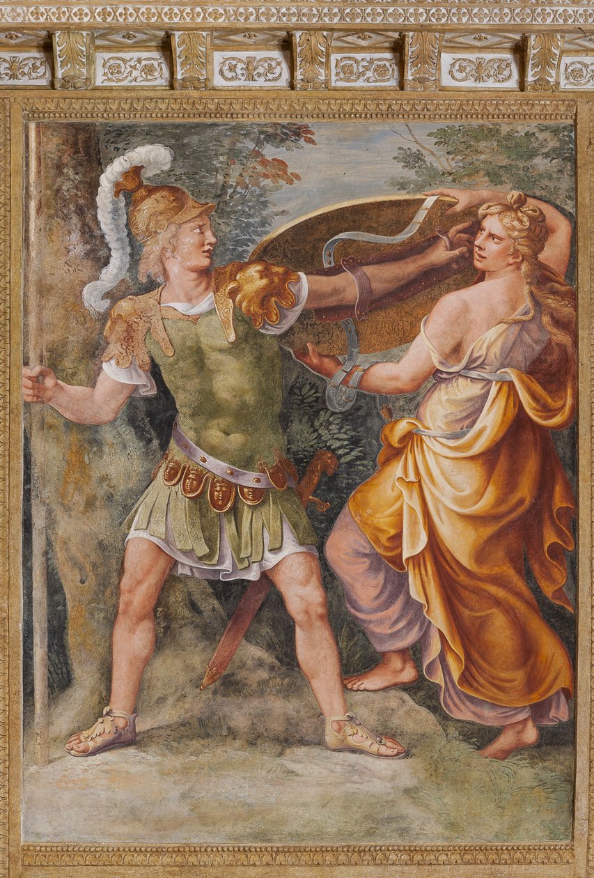 Thetis geeft Achilles de wapens gesmeed door Hephaestus (Vulcanus), Het Paard van Troje, Kamer van Troje (Sala di Troia) door Giulio (and workshop) Romano