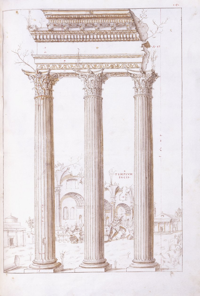 De zuilen van de tempel van Castor en Pollux, met de tempel van Vrede op de achtergrond, ca. 1550 door Giulio (circle of) Romano