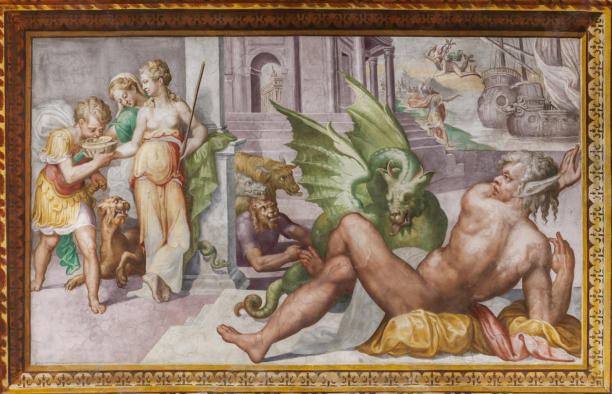 Circe verandert de metgezellen van Odysseus in monsters, uit de Hal van Circe, Rocca dei Rossi, San Secondo, Parma, Italië door Giulio (school of) (attr.to) Romano