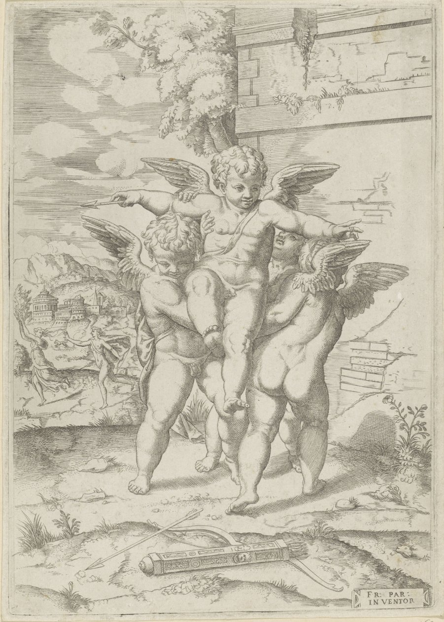 Amor en drie putti door Giulio Bonasone (attributed to)