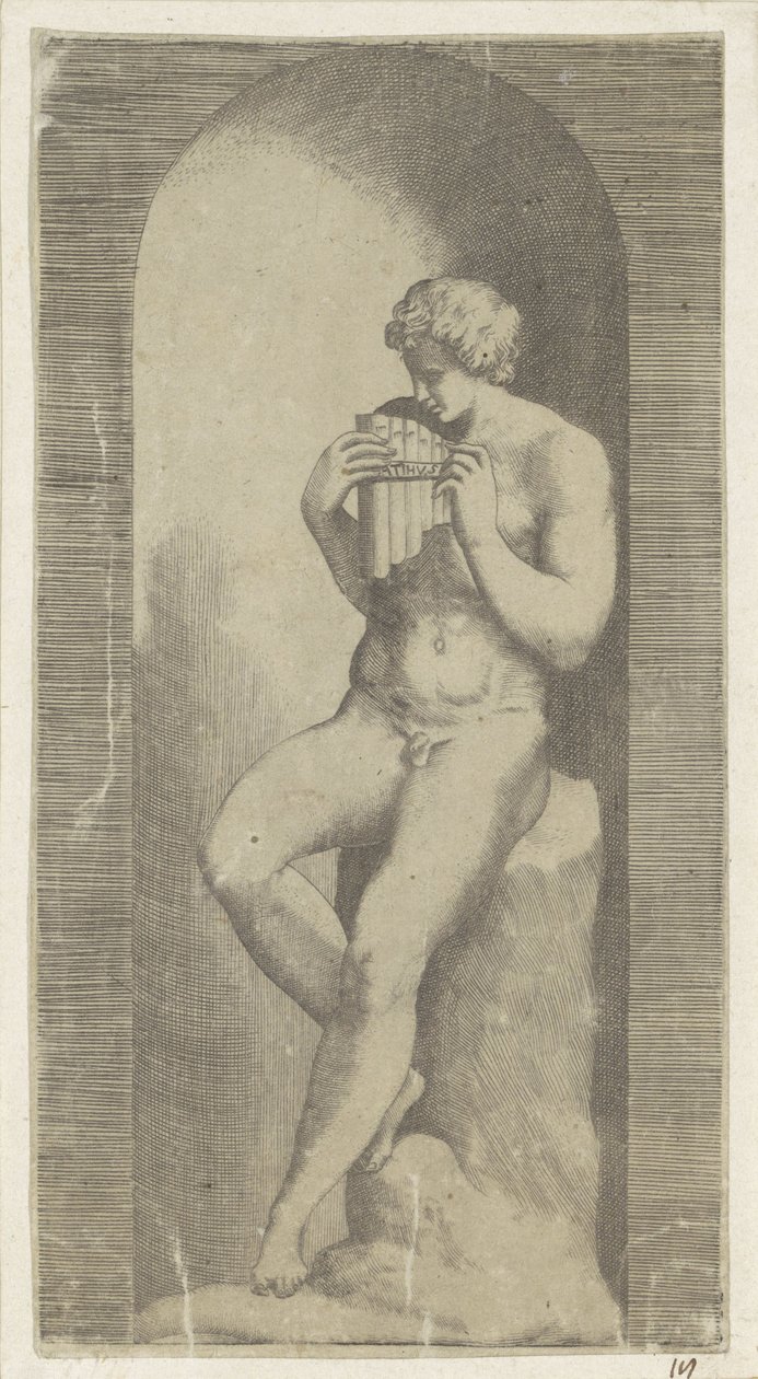 Naakte man met panfluit in een nis door Giulio Bonasone (possibly)