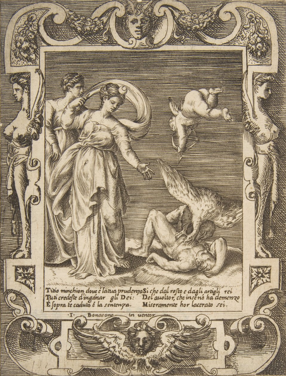 Een gier die de ingewanden van Titius eet, Cupido boven twee vrouwen links, binnen een lijst, 1531-76 door Giulio Bonasone