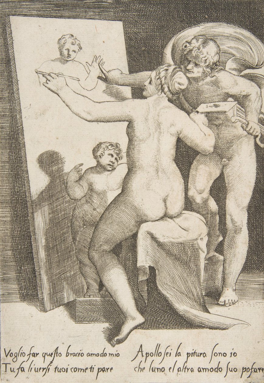 Apollo naast een vrouw die een allegorie van schilderkunst vertegenwoordigt door Giulio Bonasone